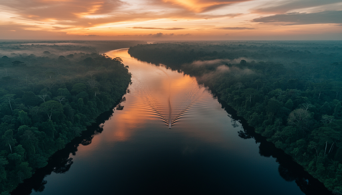 Rio Negro ao amanhecer — espelho d'água escuro entre as margens da floresta