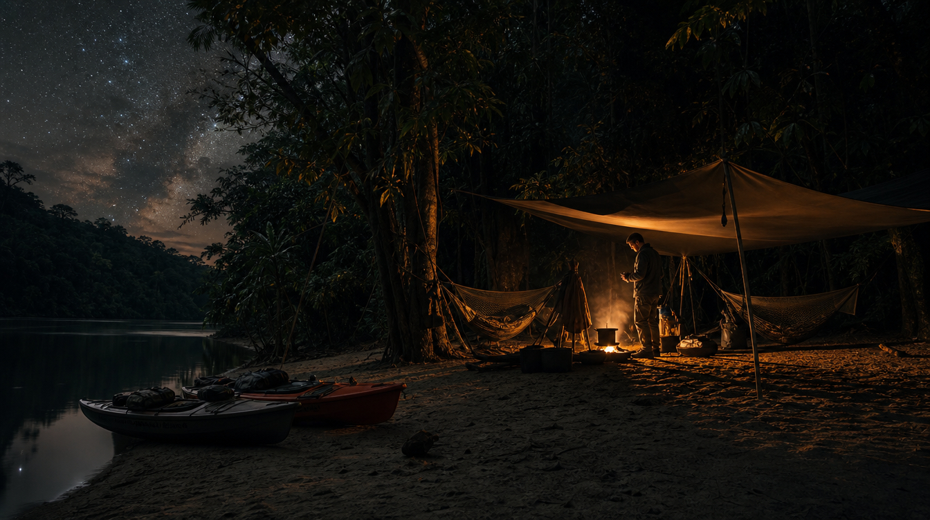 Acampamento na selva à noite